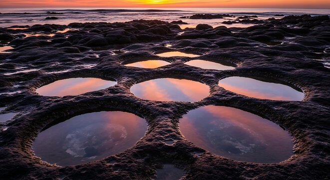 Sunrise Reflection in Tide Pools Rocky Beach Orange Sky Calm Water Intertidal Tranquility