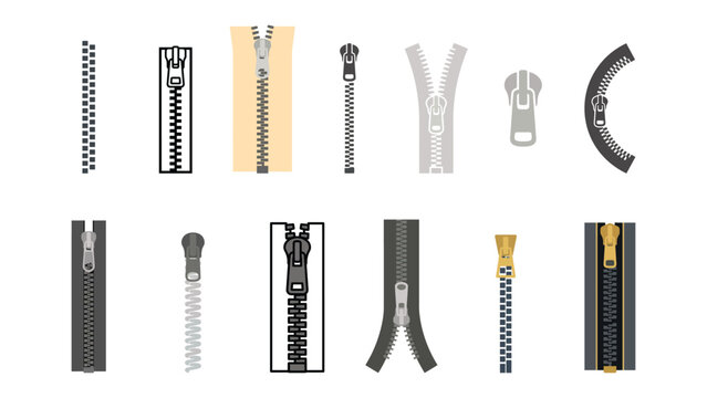 Set of various zipper icons and fasteners in different styles and colors