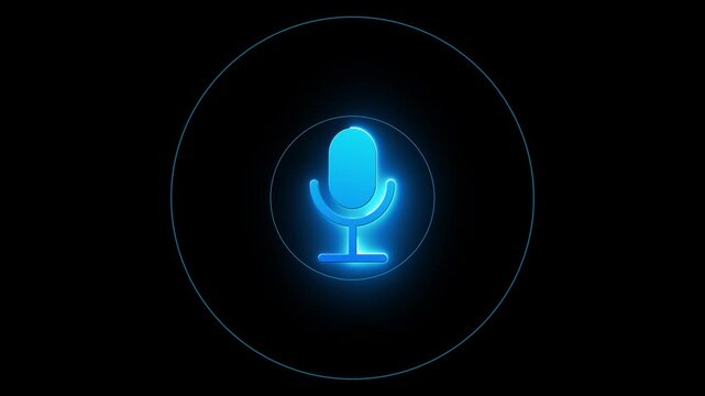 Blue microphone symbol glows on black, representing podcasts, voice assistants, speech control, recording, streaming, audio technology, communication, AI commands, broadcasting and digital interfaces.