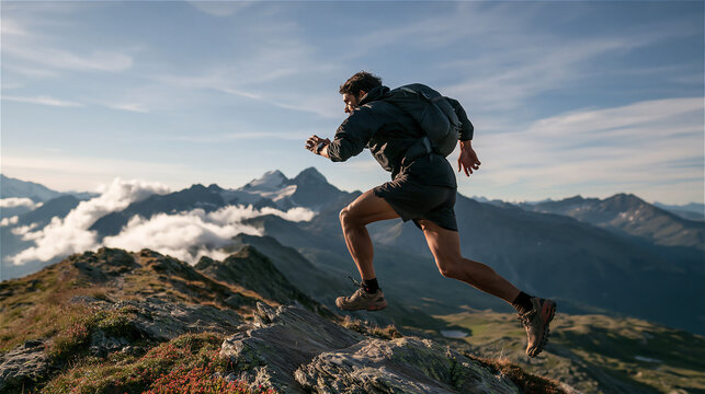 A trail runner mid-stride on a rocky mountain ridge. AI gen
