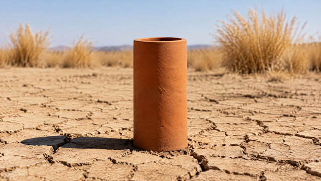 Terracotta clay cylinder standing on cracked dry desert earth under bright natural sunlight