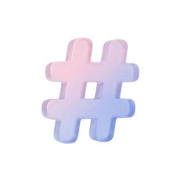 Frosted glass hashtag symbol icon with a soft gradient isolated on a white background