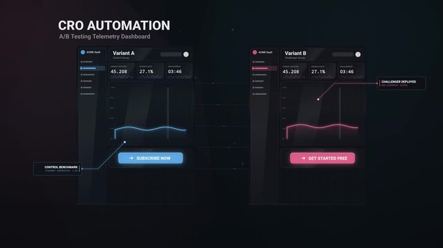 CRO automation A/B testing telemetry dashboard comparing control and challenger groups, showing real-time analytics with significant uplift in conversion rate and engagement metrics