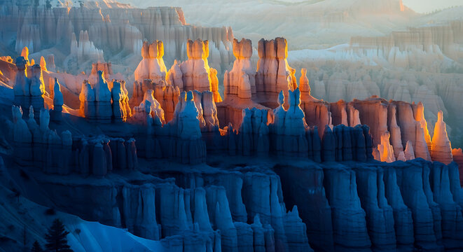sunrise light painting the tips of canyon spires and pinnacles in gold
