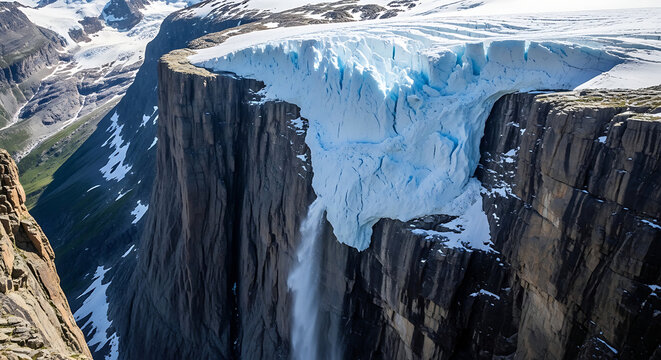 View of a Hanging Glacier Clinging to a Vertical Cliff Face