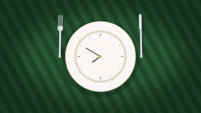 A clock on a dinner plate with fork and knife, indicating mealtime or waiting for food, motion graphic