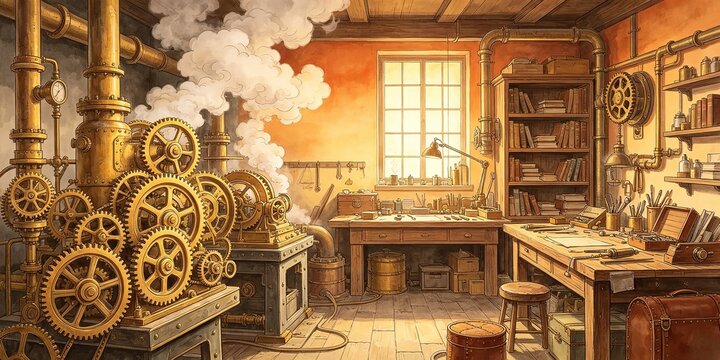 Detailed Illustration Steampunk Workshop With Brass Gears Pipes Steam Wooden Desk Tools And Books