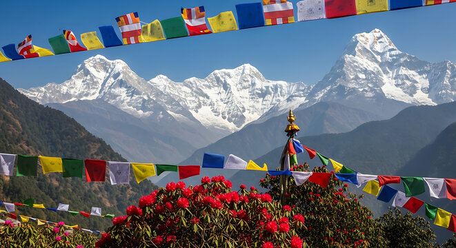 Himalayan Panorama Annapurna Range with Prayer Flags and Rhododendrons