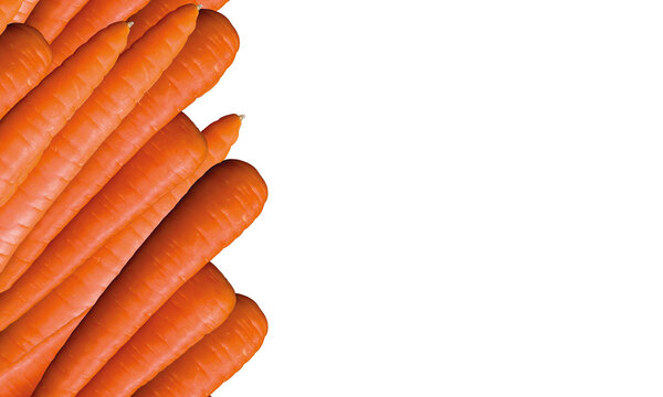 Fresh organic orange carrots frame on left side over isolated solid white background copy space
