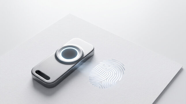 Biometric fingerprint scanner with glowing sensor on white surface