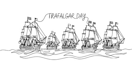 Trafalgar Day Line Drawing: Ships Sailing on Waves, Nautical Celebration © Ipung