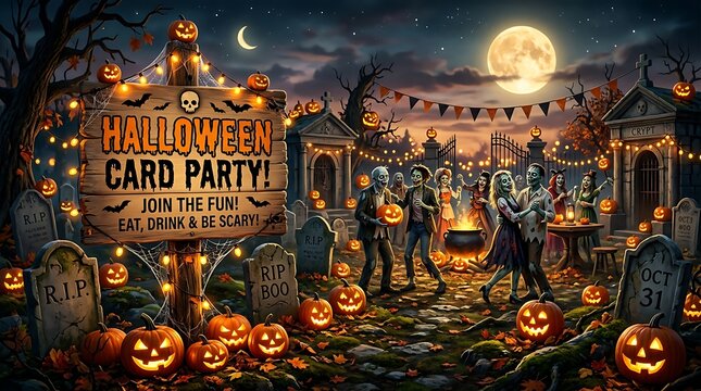 Halloween card party with zombies in cemetery under full moon with pumpkins.