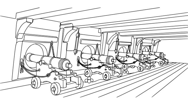 Vintage cannons lined up on a ship deck, naval warfare illustration, historical weapon