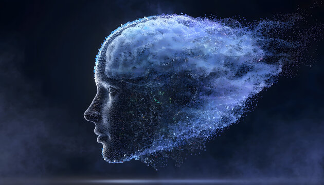 Human head profile disintegrating into glowing cyber particles. Artificial intelligence and memory loss concept. Digital mind dissolving into blue particle dust