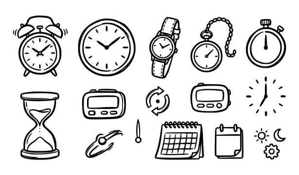 Hand Drawn Alarm Clock Stopwatch Watch and Calendar Time Doodle Vector Set