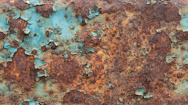 Weathered metal car door panel with heavy rust and peeling blue paint