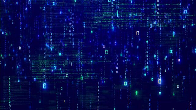 Glowing code, numbers and programming characters cascade through a dark digital matrix, ideal for developer, software, cyber security, AI, encryption, networks, hacking and debugging for modern media.