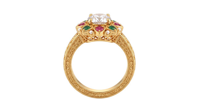 Vintage gold engagement ring with diamond, ornate filigree wedding band with ruby and emerald gemstones, luxury antique jewelry on white background