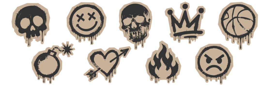Set of graffiti style stickers featuring skulls, smiley faces, crown, basketball, heart with arrow, bomb, and fire icons with a drip effect