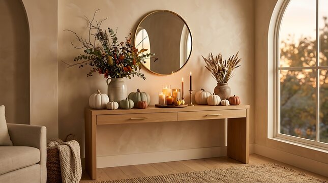 Autumn hallway console table decor with pumpkins and foliage gold round.