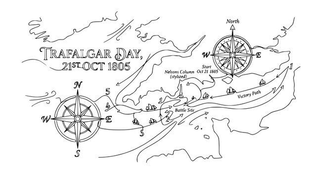 Trafalgar Day Map 1805: Nautical Battle Strategy & Compass Rose Illustration