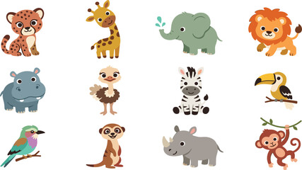 Fototapeta premium Adorable Wild Animal Character Collection Featuring Leopard, Giraffe, Elephant, Lion, Hippo, Zebra, Toucan, Rhino, Monkey, and Colorful Cartoon Wildlife