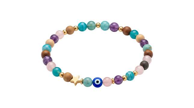 Bohemian evil eye bracelet with colorful gemstone beads, spiritual protection jewelry with gold star charm, handmade beaded wrist accessory