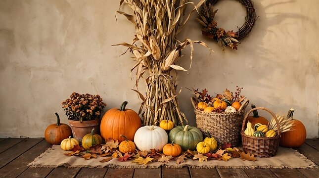 Assorted fall pumpkins and gourds on burlap rug with corn bundle.