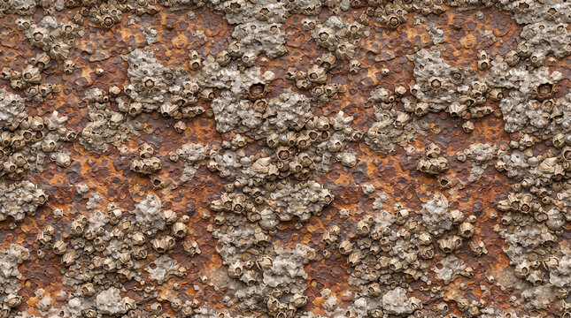 Close up of a rusted metal ship hull covered in barnacles and sea growth