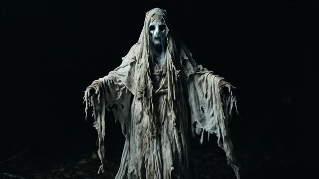 A terrifying ghost figure stands in the dark forest at night