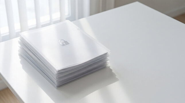 Stacked translucent document folders with lock symbol on white desk