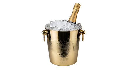 Obraz premium Golden ice bucket with champagne bottle for summer celebration isolated on transparent background
