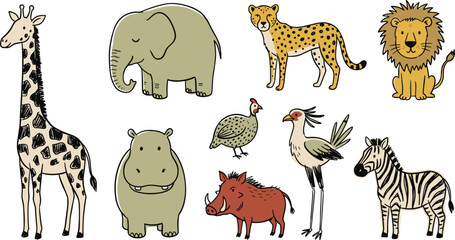 Fototapeta premium Hand Drawn African Safari Animal Collection Featuring Giraffe, Elephant, Cheetah, Lion, Hippopotamus, Guinea Fowl, Warthog, Crane, and Zebra