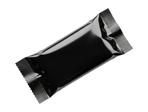Black snack wrapper isolated. Blank food packaging pouch. Small candy bar plastic packet.