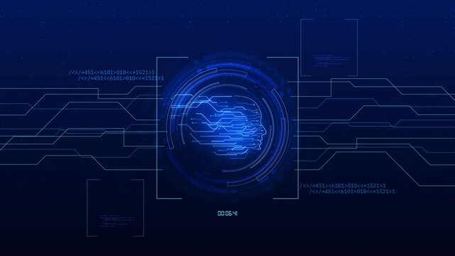 Futuristic circuit brain with blue HUD rings and connected paths visualizes generative AI, machine learning, neural processing, automation, algorithms and digital transformation for secure technology.