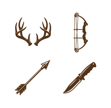 Hunting gear icon set featuring deer antlers compound bow arrow and survival knife survival wildlife equipment adventure wilderness tracking shooting huntsman isolated