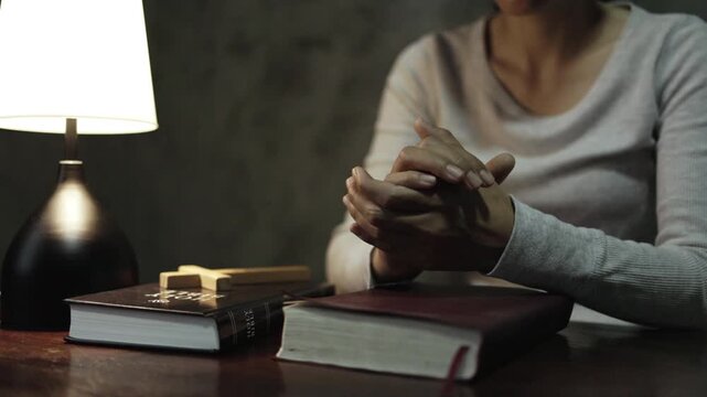 Faithful Christian Woman Praying Alone Inside Church