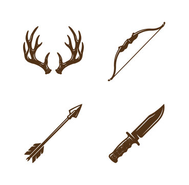 Hunting and archery equipment icon set with antlers recurve bow arrow and tactical knife, collection of brown illustrated icons depicting archery hunting gear, wilderness