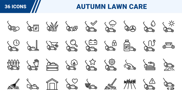 Lawn Scarifier Autumn Lawn Care Web Icon Set in Linear Style. Collection of yard maintenance line icons, including dethatching, lawn aeration, turf care, garden tools, autumn yard work.