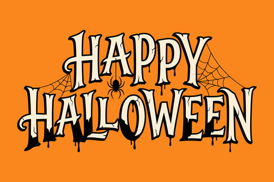 Happy halloween typography design with spider and web on orange background