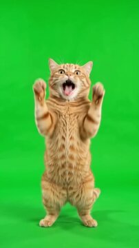 Funny Cat Standing on Two Legs Screaming and Dancing Meme Animation on Green Screen Background