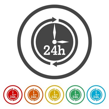 Open 24 hours arrow sign icon. Set icons in color circle buttons