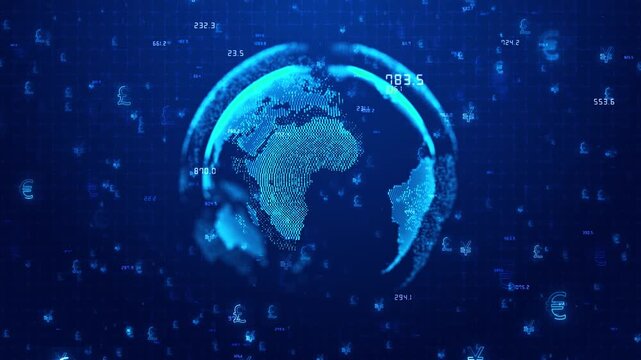 Futuristic world globe with currency signs and market numbers visualizes forex, global banking, financial analytics, cross border payments, economy, investing, fintech and international trade systems.