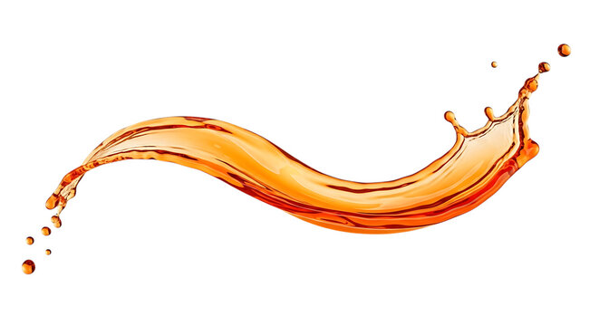 Orange liquid splash and wave with dynamic droplets in motion isolated on transparent background