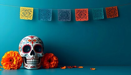 Obraz premium Calavera decorada con cempasúchil y papel picado de Día de Muertos
