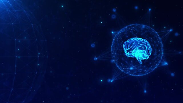 Glowing human brain with network nodes and digital links visualizes AI intelligence, deep learning, neural processing, automation, analytics, innovation, cognition and advanced technology systems now.
