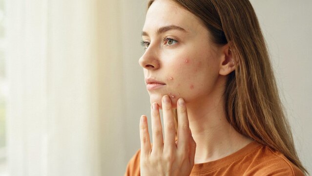 Woman touching her jaw and cheek with acne breakouts, concept of skin problems, hormonal imbalance, dermatology, skincare treatment and beauty insecurity