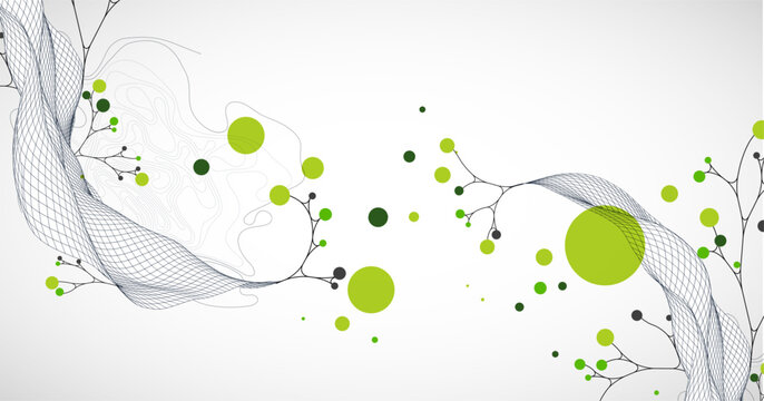 Abstract eco background with wave grid, green circles, and branching lines. Vector