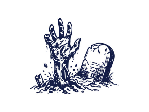 Zombie Hand Rising from Ground in Graveyard Linocut Illustration