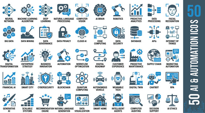Artificial intelligence and automation blue icons set featuring machine learning symbols as a vector illustration